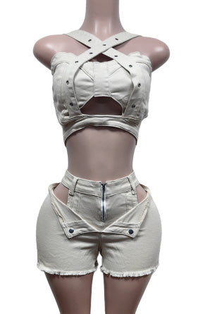 Denim Top & Cut Out Shorts Set Lavish Daily