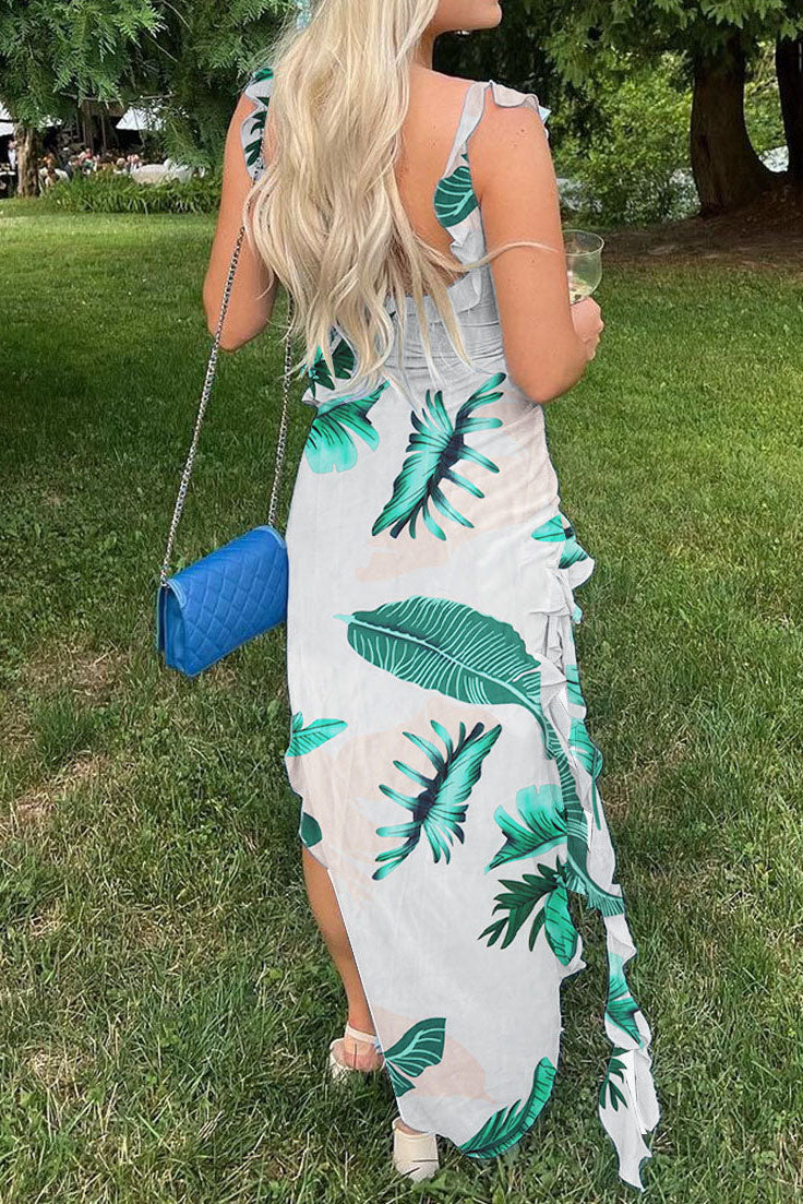 Long Strapless Dress With Slits and Tropical Print Lavish Daily