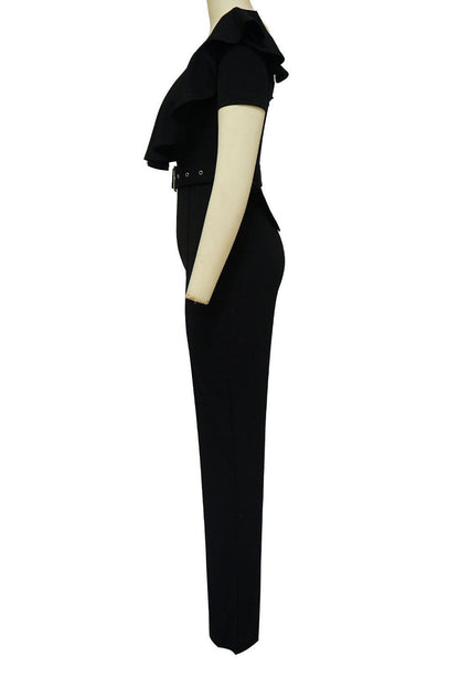 Plunging Ruffle Off-The-Shoulder Belted Flared Jumpsuit Lavish Daily