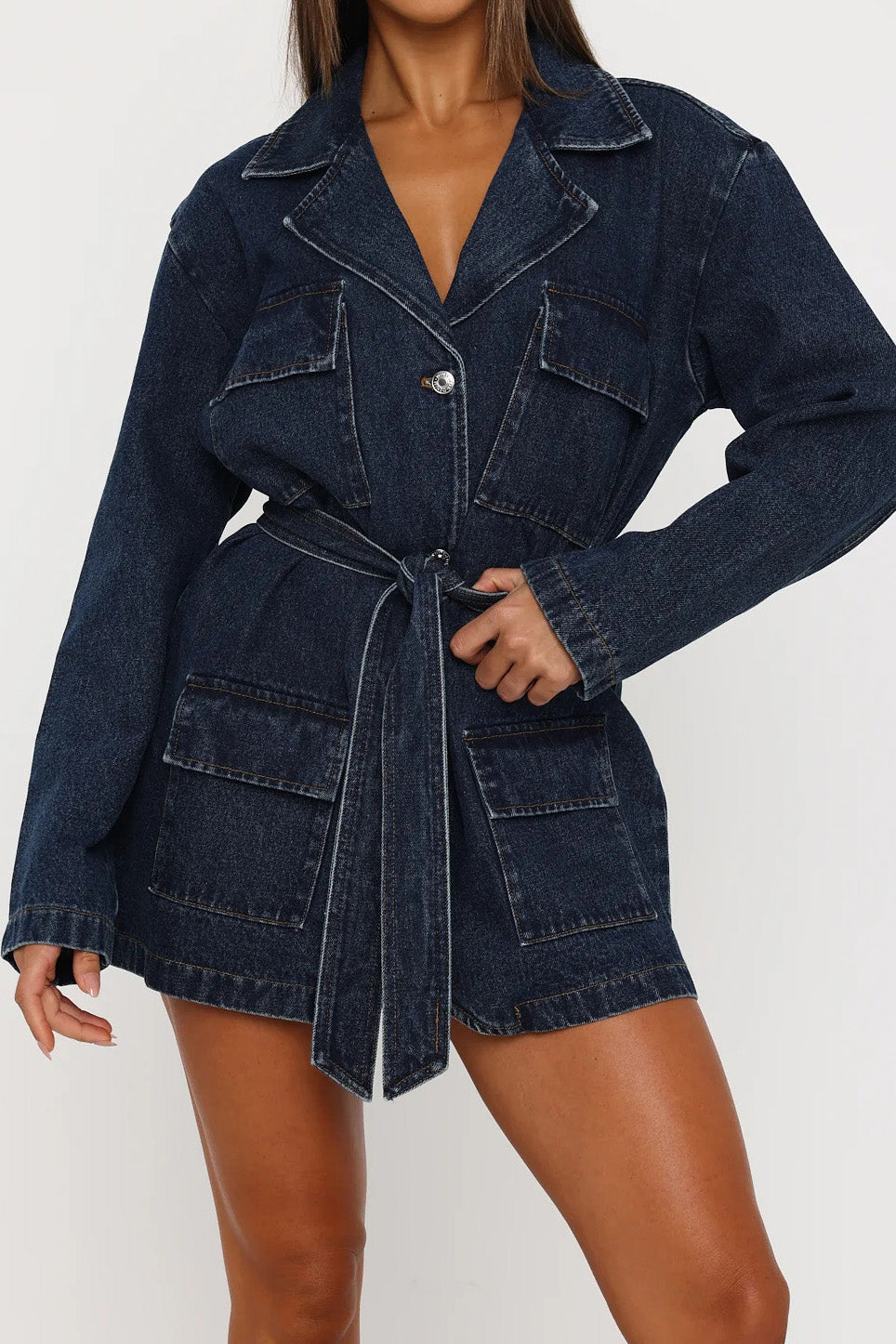 Belted Longline Denim Trench Jacket Lavish Daily