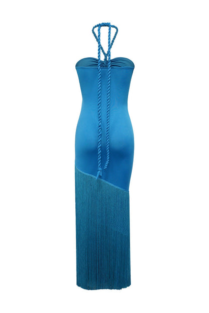 Halter Cutout Fringe Maxi Dress Lavish Daily