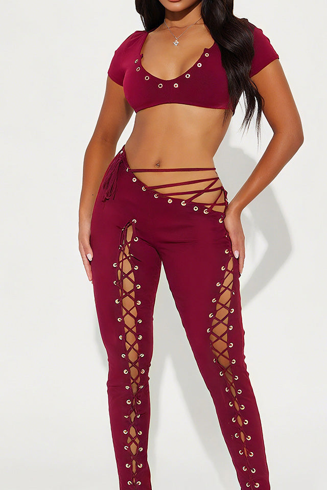 Crop Top and Lace-Up Pants 2-Piece Set Lavish Daily