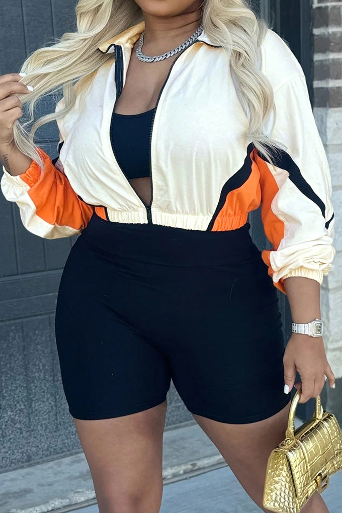Colorblock Zip-Up Long Sleeve Top & Shorts Set Lavish Daily