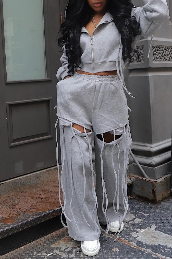 Hooded Zip-Up Sweatshirt & Distressed Wide-Leg Pants Set Lavish Daily