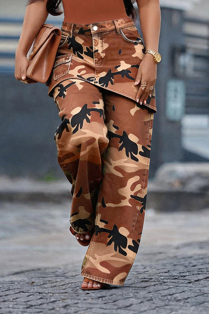 Camo Asymmetrical Skirt Overlay Wide Leg Pants Lavish Daily