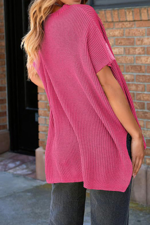 Short Sleeve Side Slit Oversized Sweater Lavish Daily