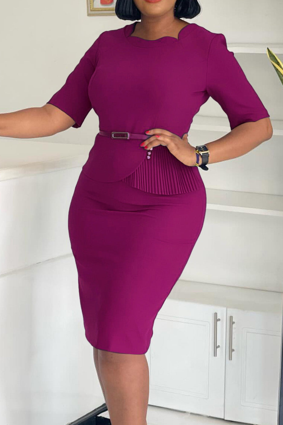 Solid Short Sleeves Knee Length Peplum Dress Lavish Daily