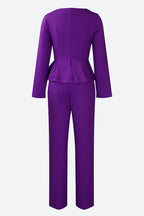 Solid Flounce V Neck Long Sleeve Sets Lavish Daily