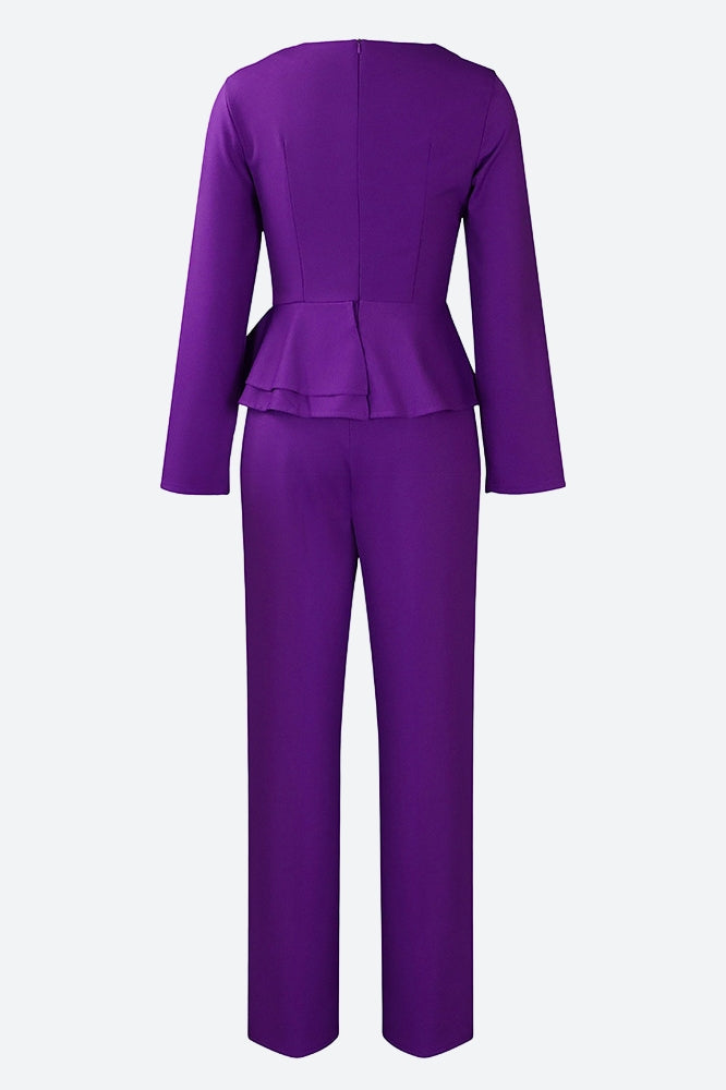 Solid Flounce V Neck Long Sleeve Sets Lavish Daily