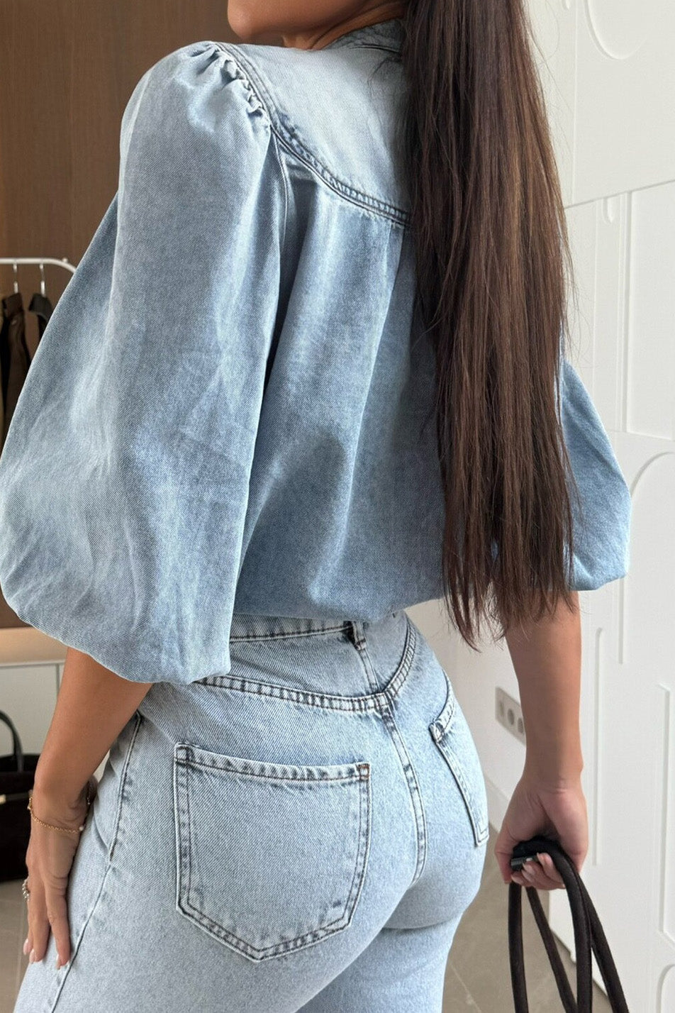 Vintage Lantern Sleeve V-Neck Denim Shirt Lavish Daily