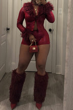 Fur Collar & Cuff Metallic Top and Shorts Set Lavish Daily