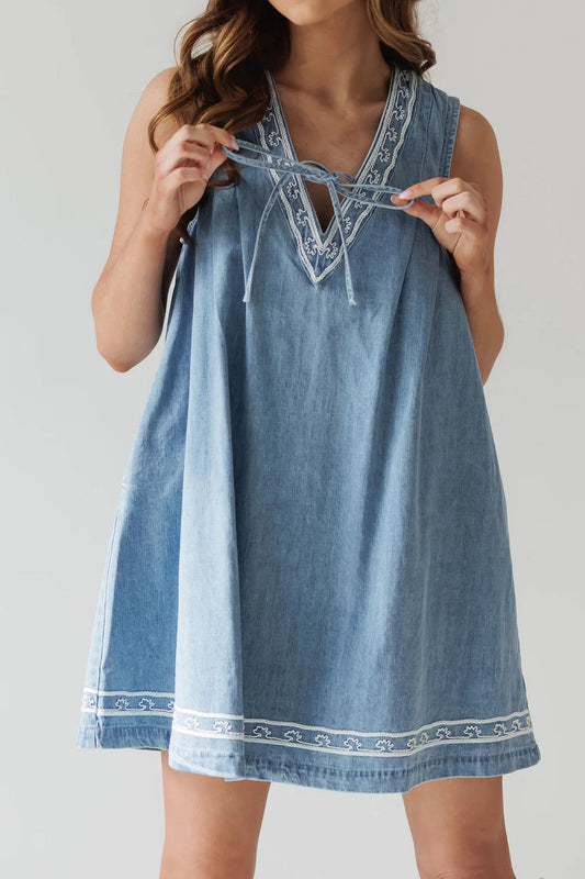 Embroidered Tie-Neck Denim Swing Dress Lavish Daily