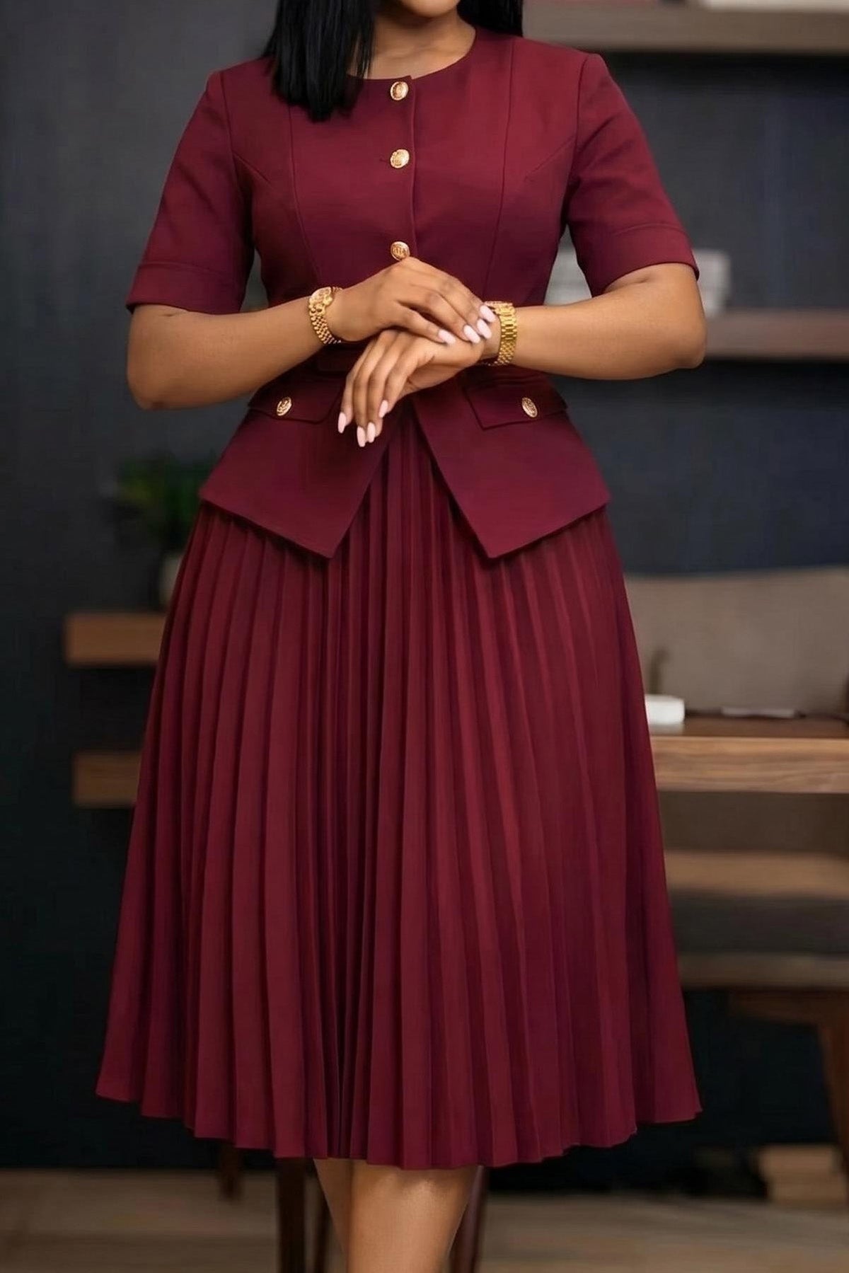 Mock 2-Piece Peplum Pleated Midi Dress Lavish Daily