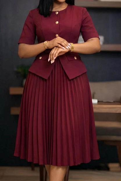 Mock 2-Piece Peplum Pleated Midi Dress Lavish Daily