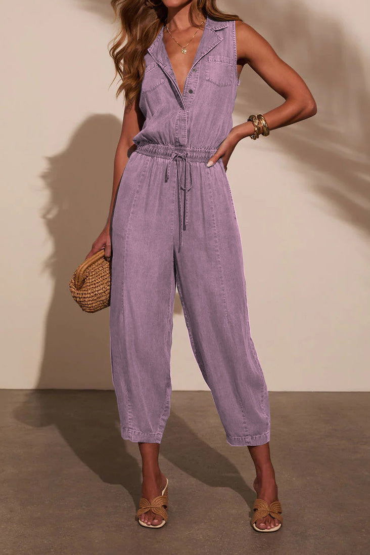 Sleeveless Drawstring Denim Utility Jumpsuit Lavish Daily