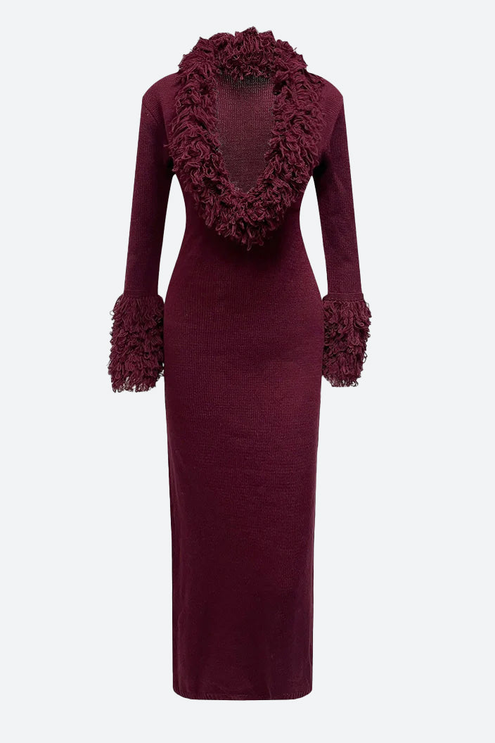 Knit Fringe Deep V Long Sleeve Dress Lavish Daily