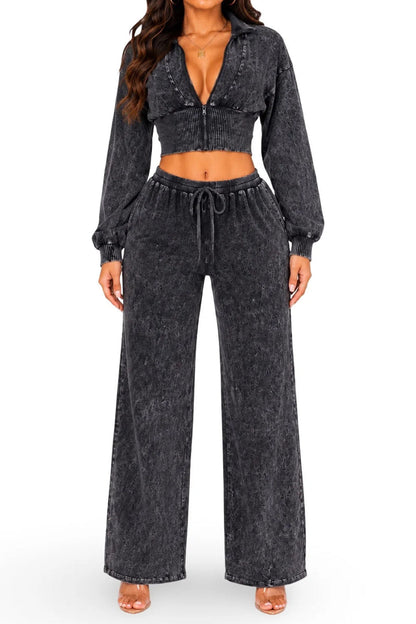 Washed Cropped Zip Jacket Wide Leg Pants Set Lavish Daily