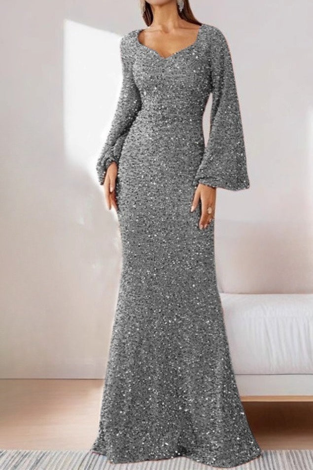 V-Neck Sequin Fitted Long Sleeve Gown Lavish Daily