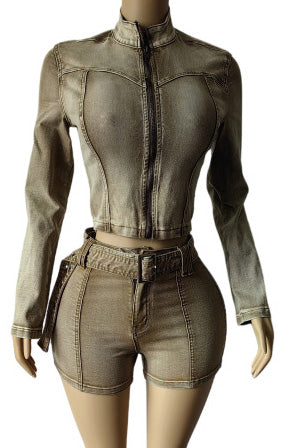 Washed Denim Zip Up Top & Shorts Set Lavish Daily