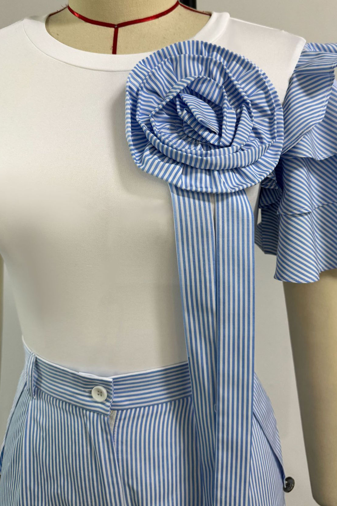 Single Ruffle Sleeve T-Shirt Striped Pants Set Lavish Daily