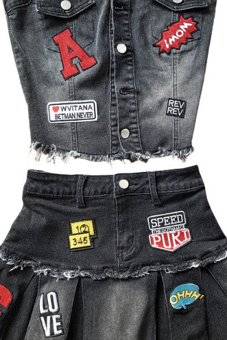 Denim Strapless Pleated Embroidered Skirt Set Lavish Daily