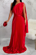 Red One-Shoulder Pleated Maxi Dress Lavish Daily