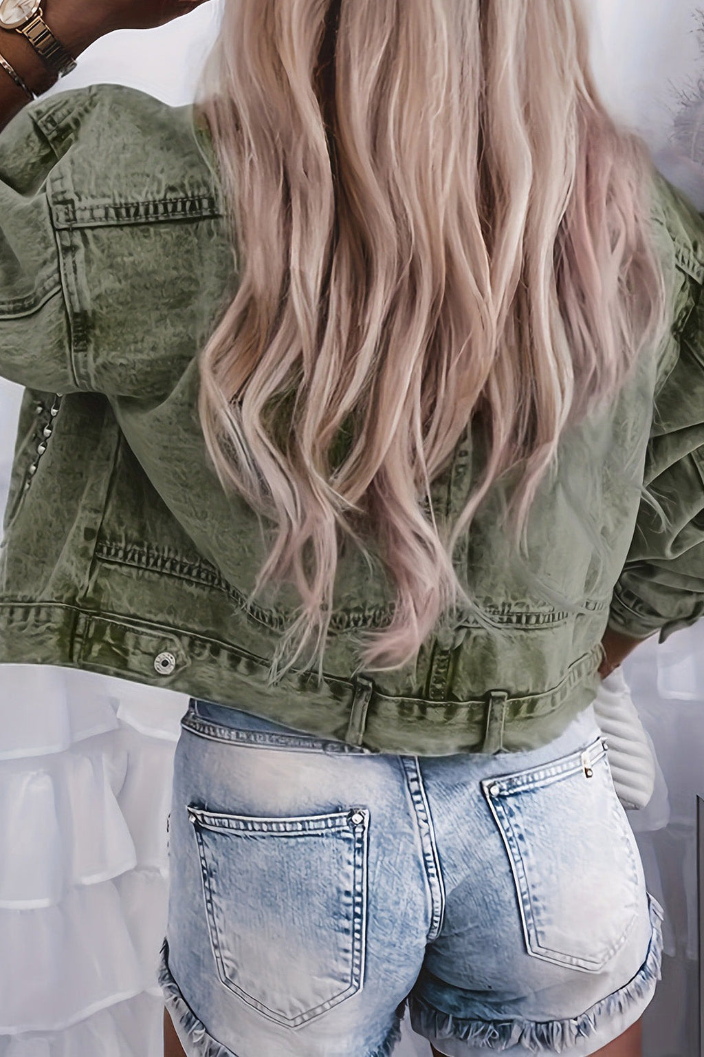 Rivet Studded Pocketed Denim Jacket Lavish Daily