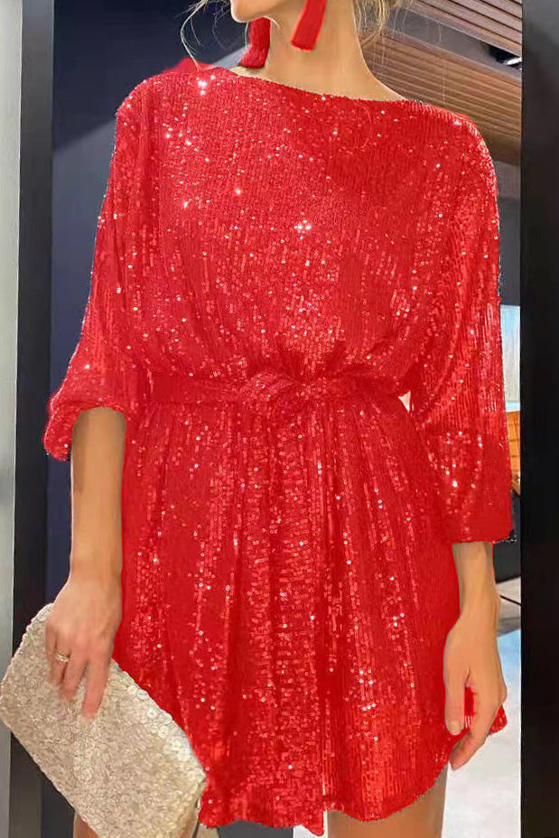 Sequin Tie Waist Long Sleeve Mini Dress Lavish Daily
