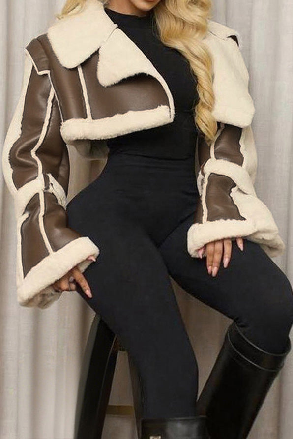 Faux Shearling Color Block Crop Jacket LavishDaily