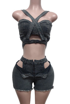 Denim Top & Cut Out Shorts Set Lavish Daily