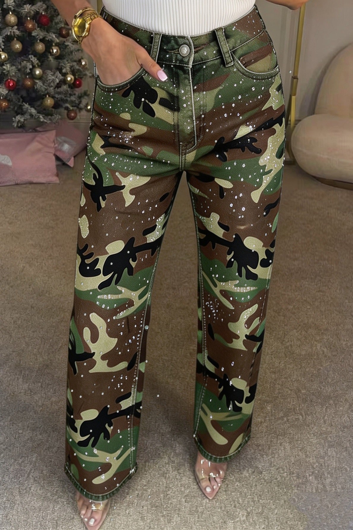 Rhinestone Camo Straight Leg Jeans Lavish Daily