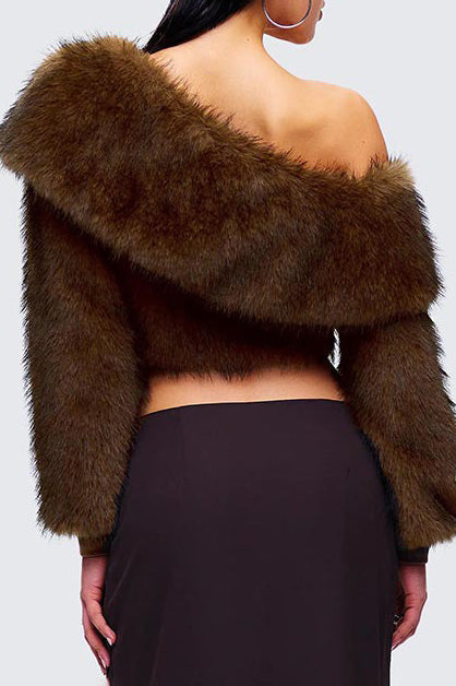 Brown Faux Fur Off Shoulder Top Lavish Daily