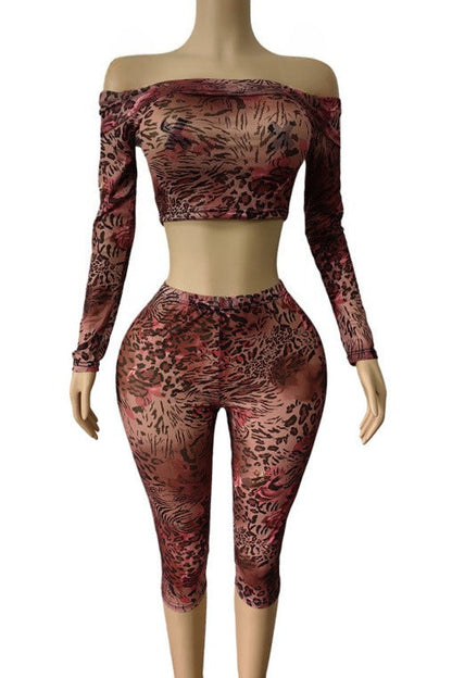 Off Shoulder Mesh Top and Capri Pants Set Lavish Daily
