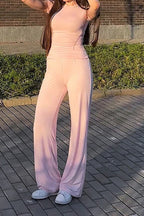 Casual Solid Round-Neck Short Sleeve Set Lavish Daily