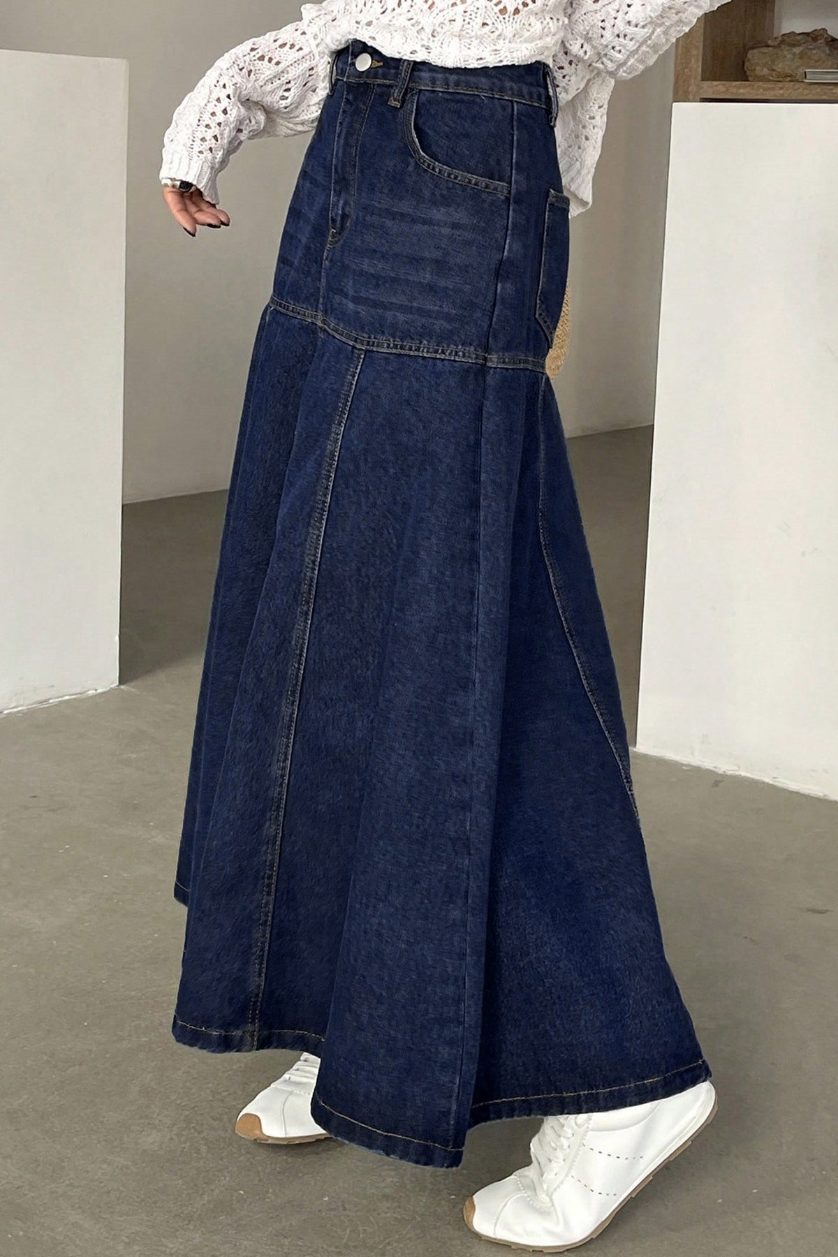 Paneled A-Line Denim Maxi Skirt Lavish Daily