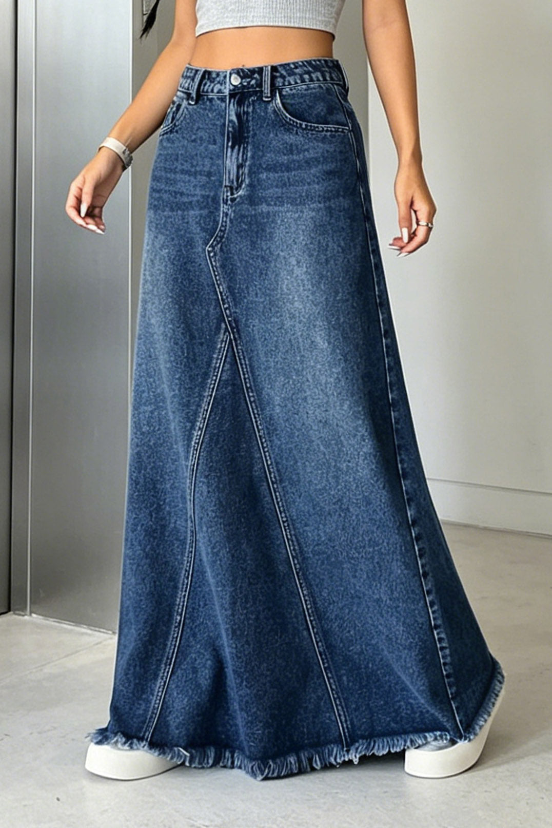 Raw-Hem Godet Denim Maxi Skirt Lavish Daily