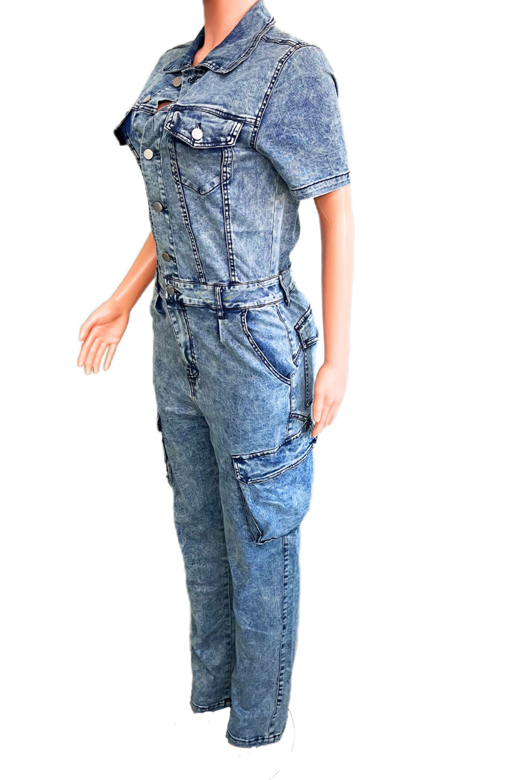 Blue Wash Short Sleeve Denim Jumpsuit Lavish Daily