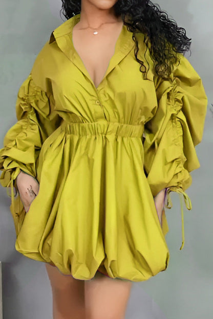 Ruched-Sleeve Button-Front Dress Lavish Daily