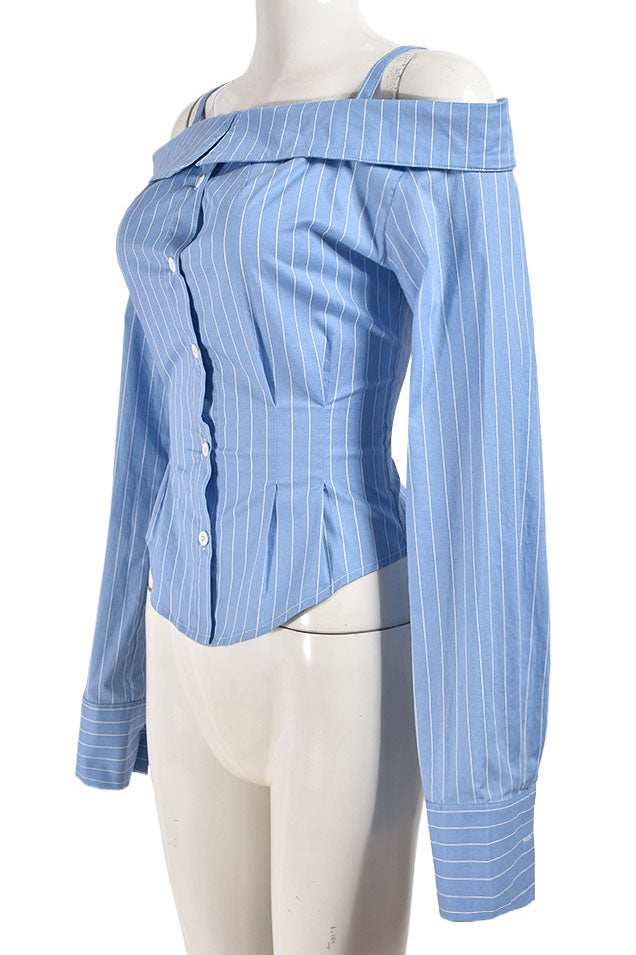 Striped Shoulder Button Down Shirt Lavish Daily