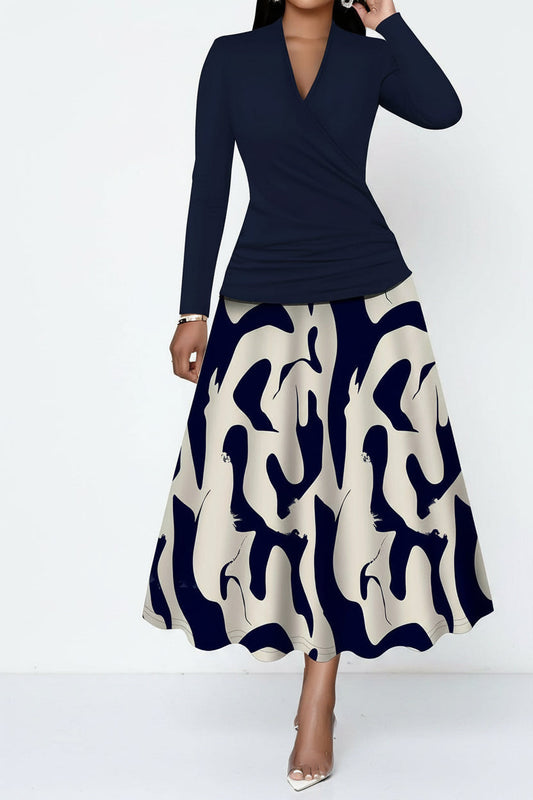 Ruched Wrap Top & Abstract Skirt Set Lavish Daily