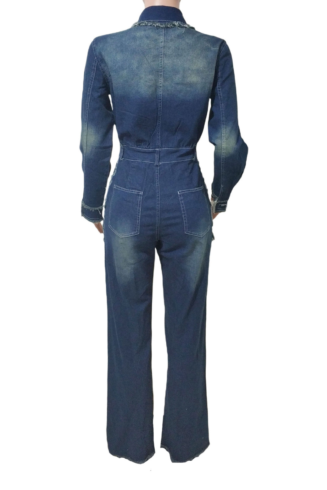 Raw-Edge Long Sleeve Stretch Denim Jumpsuit Lavish Daily
