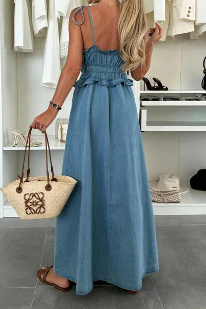 Tie-Strap Smocked Waist Denim Maxi Dress Lavish Daily