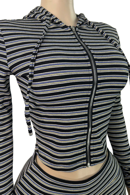 Striped Zip Hoodie & Foldover Capri Pants Set Lavish Daily