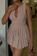 V-Neck High Waist Pleated A-Line Mini Dress Lavish Daily