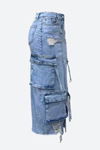 Slit Ripped Pocket Cargo Denim Skirt Lavish Daily