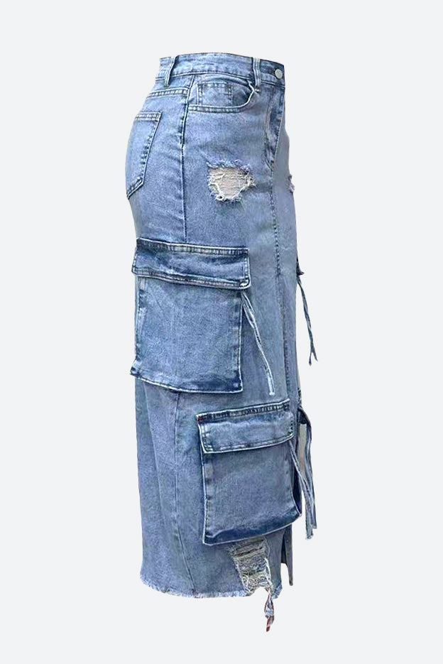Slit Ripped Pocket Cargo Denim Skirt Lavish Daily