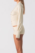 Knit Collared Long Sleeve Cardigan Shorts Set LavishDaily