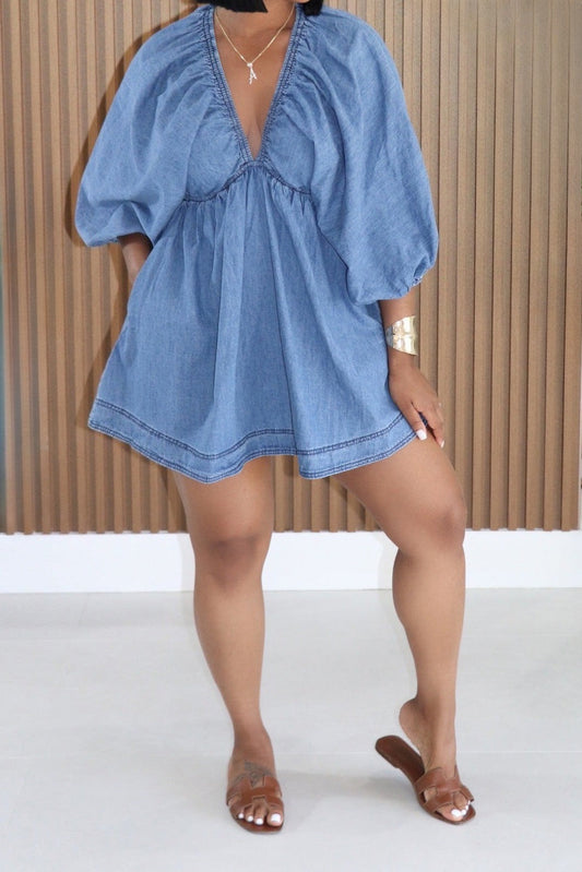 Boho Denim Puff Sleeve Mini Dress Lavish Daily