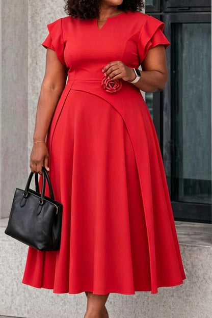 3D Floral Notched Neck A-Line Midi Dress Lavish Daily