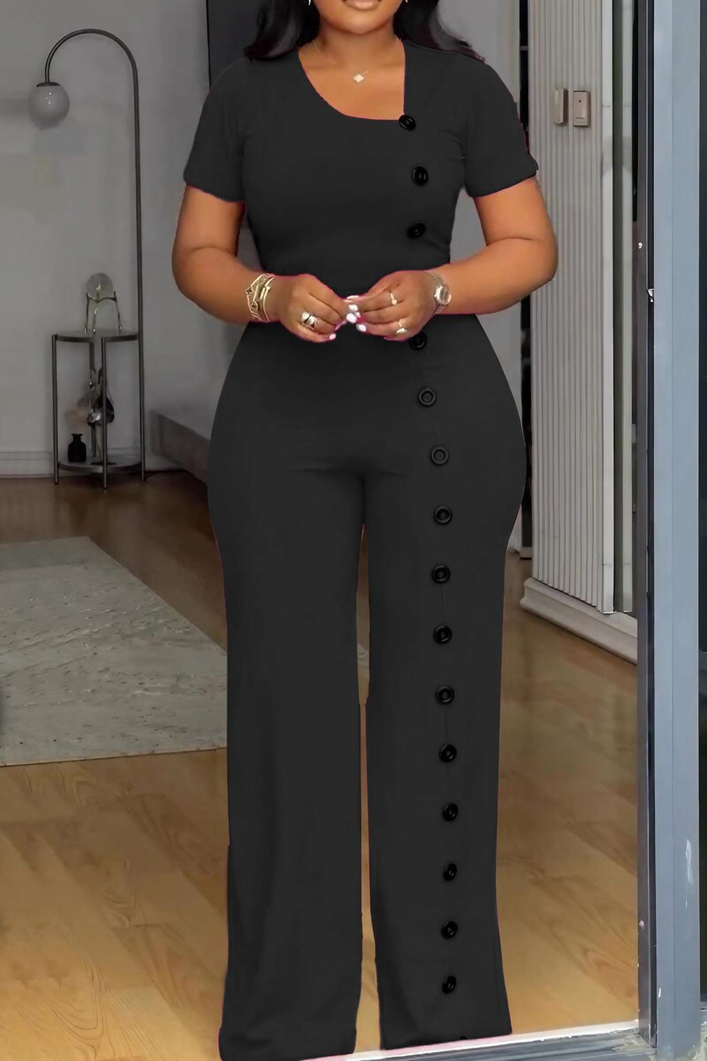 Slim Waist Button Wide Leg Jumpsuit Lavish Daily